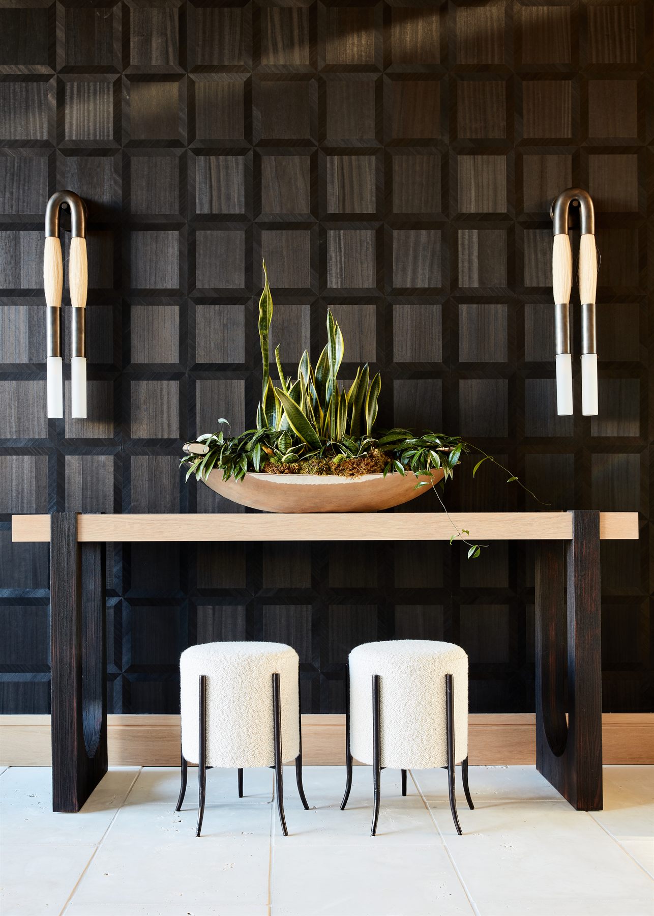 Custom wood-grid wallpaper installation in residential entryway