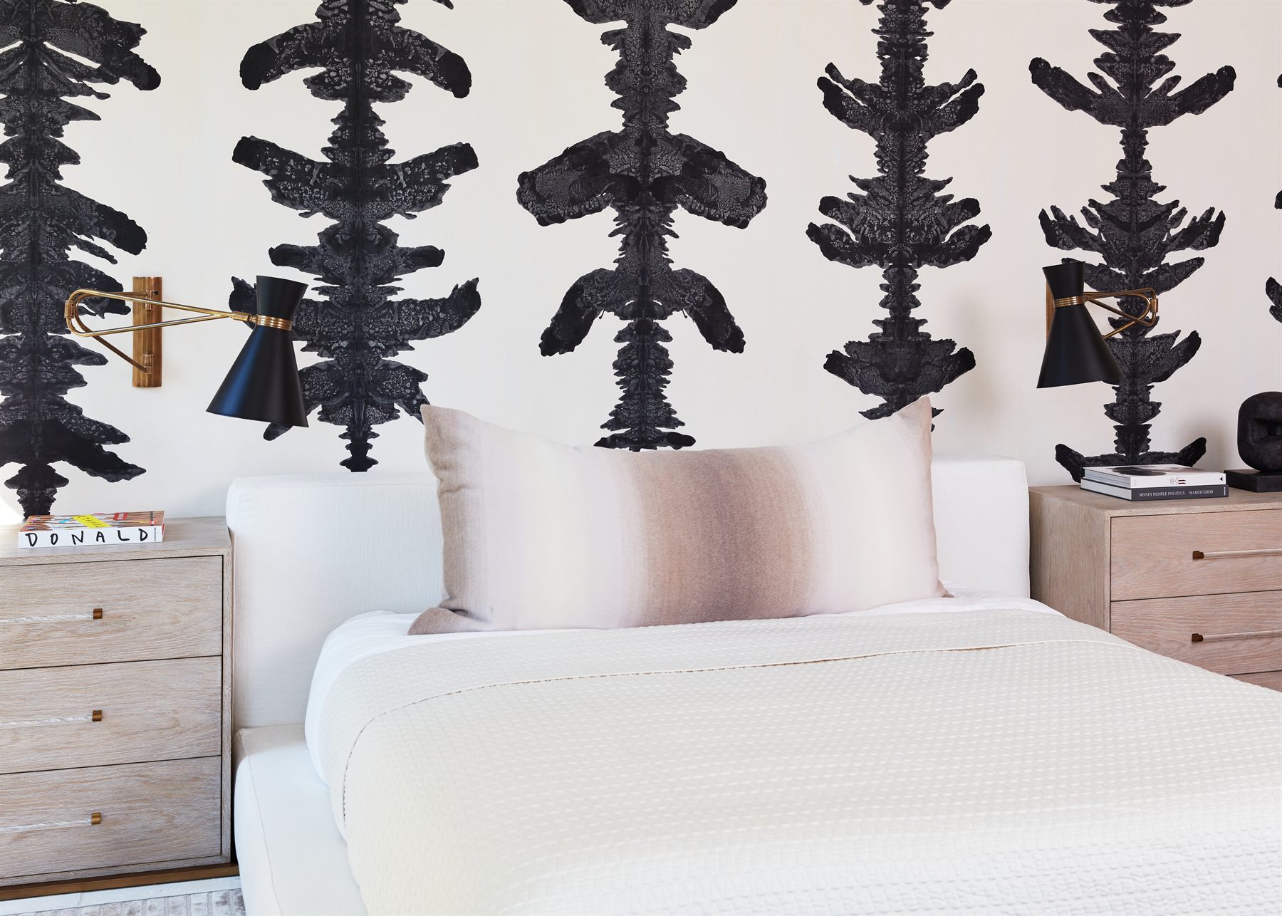 Bedroom with bold graphic pattern wallpaper