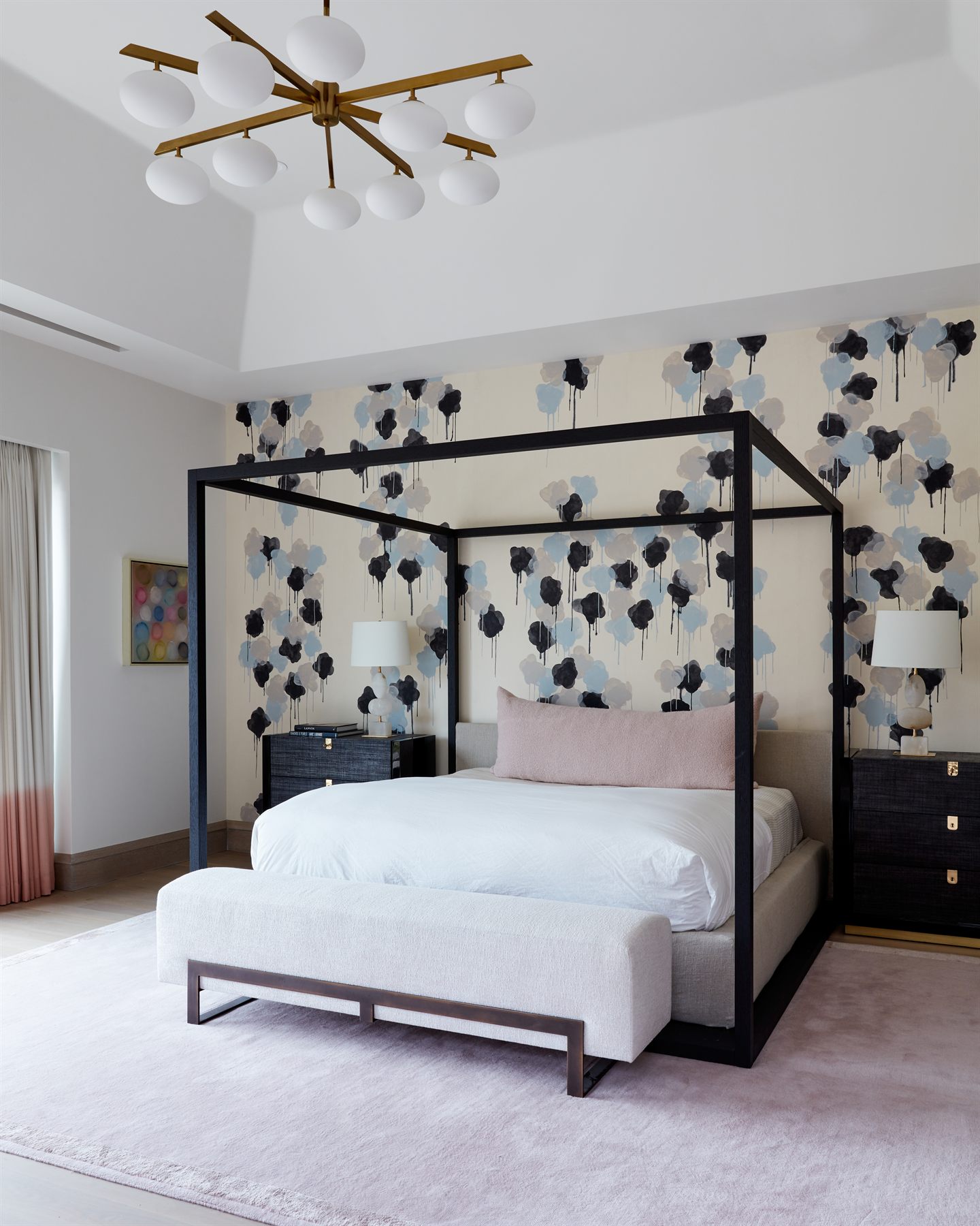 Primary bedroom with abstract pattern wallpaper
